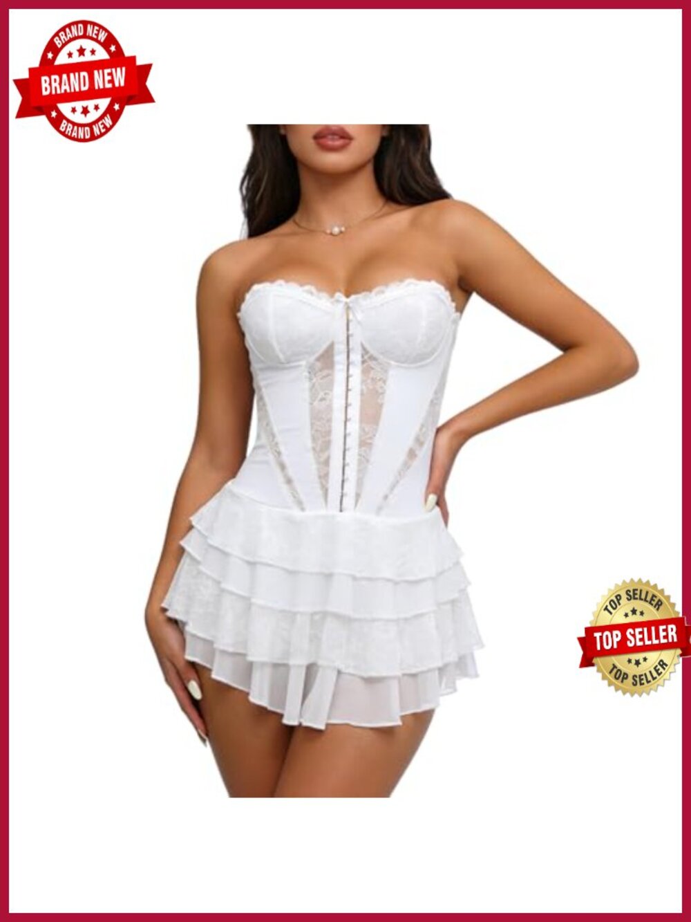 Lace Corset Mini Dress Strapless Tube Top Ruffle Hem Club Night Out